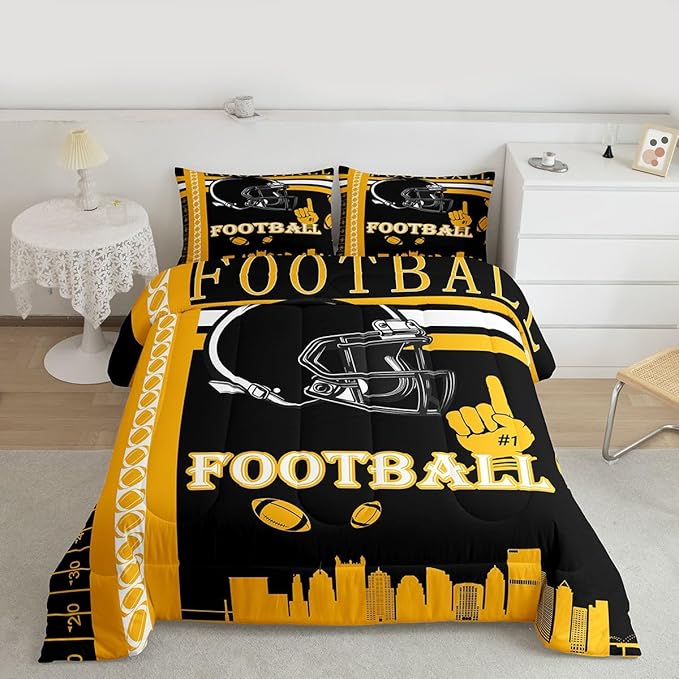 Feelyou Football Bedding Set Boys Girls Toddler Size Women Men Rugby Sports Comforter Football City Duvet Quilt Black Yellow Room Decor