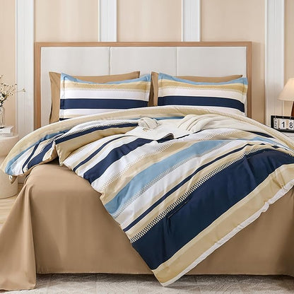 WONGS BEDDING Comforter Queen Size, Khaki and Blue 7 Pieces Comforter for Queen Bed Striped Bed in a Bag Soft Bedding Comforter Set for All Season(90"x90")