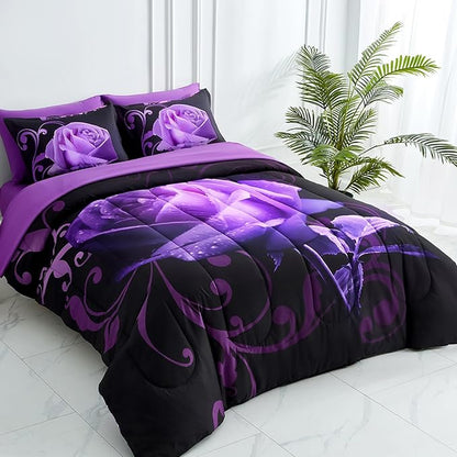 WONGS BEDDING Purple Comforter Set Cal King, Reversible Purple Rose 7 Pieces Bed in a Bag, Lightweight Soft Microfiber Bedding Sets with Flat Sheet, Fitted Sheet, Pillowcases & Shams