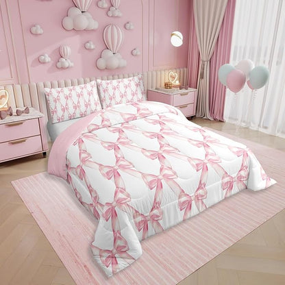 Erosebridal Ribbon Bow Bedding Set for Kids Girls Teen Women,Pink Girly Bowknot Bedding Comforter Sets Full Cute Fantasy Princess Comforter Set Kawaii Bow Tie Bed Duvet Set 2 Pillow Cases
