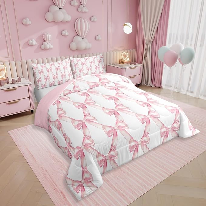 Erosebridal Ribbon Bow Bedding Set for Kids Girls Teen Women,Pink Girly Bowknot Bedding Comforter Sets Queen Cute Fantasy Princess Comforter Set Kawaii Bow Tie Bed Duvet Set 2 Pillow Cases