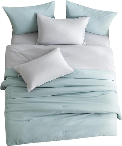 OTTEBED Ultra-Soft Queen Comforter Set with Sheets - Boho 7 Piece Bed in a Bag Lightweight All Season Use, Aesthetic Washed PolyCotton QUEEN Sage Green Comforter with Grey Bedding Sheet Set Pillowcase