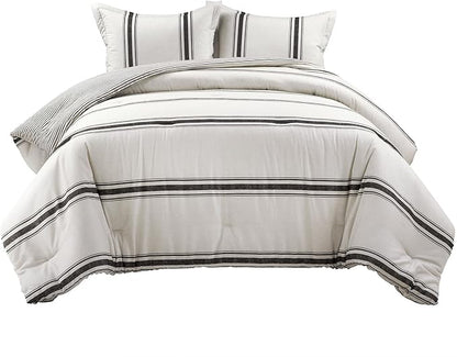 Lush Decor Farmhouse Stripe Reversible Cotton Comforter Set, 3 Piece Set, Full/ Queen, Black - Cozy Farmhouse Bedding Set - Rustic Decor - Striped Comforter - Modern Farmhouse Bedroom Decor