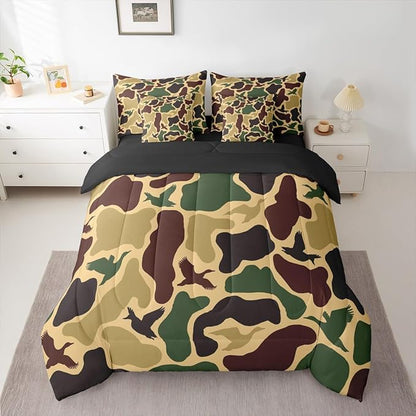Erosebridal Camouflage Military 7 Piece Bedding Set Full Duck Hunting Comforter Set with Sheets Farmhouse Woodland Bed in a Bag Camo Huner Bed Sets Comforter