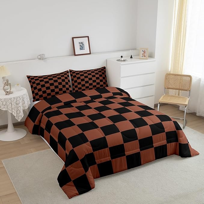 Feelyou Checkered Bedding Set Teen Women Men Brown Black Plaid Comforter Set Queen Size Kids Boys Girls Cute Retro Neutral Checkerboard Geometric Duvet Insert Vintage Aesthetic Room Decor