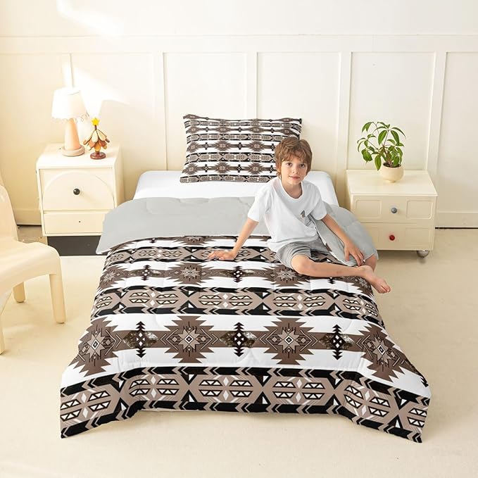 Erosebridal Southwestern Comforter Set Twin Bohemian Geometric Quilt, Ethnic Tribal Arrow Bedding Set Western Duvet Insert, Country Room Decor for Bedroom Brown