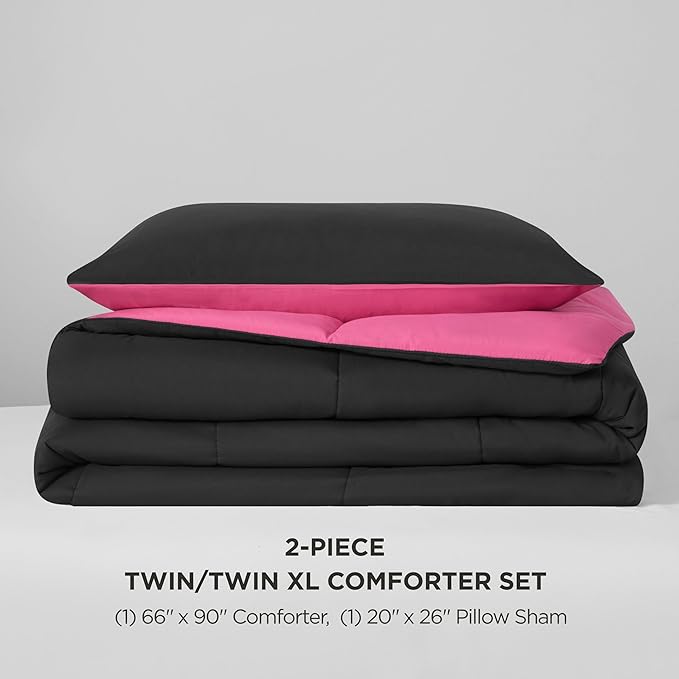 Juicy Couture Reversible Box Stitch Comforter Set, 2-Piece Twin/Twin XL – Hot Pink/Black – Glam Bedding Set