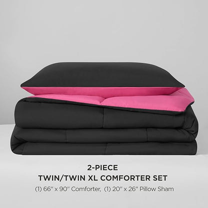 Juicy Couture Reversible Box Stitch Comforter Set, 2-Piece Twin/Twin XL – Hot Pink/Black – Glam Bedding Set