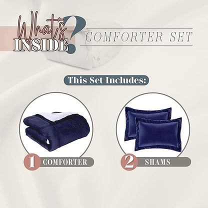 Elegant Comfort Super Soft Sherpa Comforter 3-Piece Set Premium Quality, Heavy Weight Reversible Down Alternative Micro-Suede, Sherpa Comforter, King, Midnight Navy