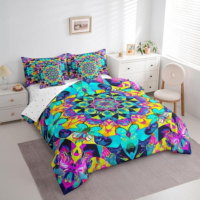 Oriental Mandala Comforter Set Vintage Floral Bedding Comforter Sets 7pcs for Toddler Kids, Art Deco Medallion Bed in a Bag Boho Teal Pink Full Bedding Sets, Retro Aesthetic Bedding Sets & Collections