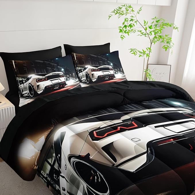 King 7PCS White Racing Car Bedding Set, 7 Piece in A Bag, Bed Sheet Set, Microfiber Lightweight All Season