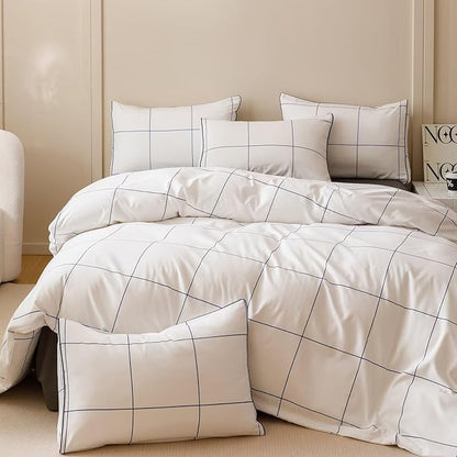 Cottonight White Blue Grid Comforter Set King Women Men Plaid Bedding Comforter Set King Size Checkered Blanket Quilts 3 Piece Soft Modern Breathable Bedding Set