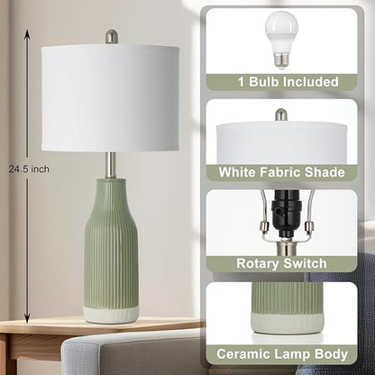 24.5" Ceramic Table Lamp for Bedroom, Sage Green Table Lamp for Living Room End Table, Small Farmhouse Bedside Lamp for Nightstand (1 Pack)