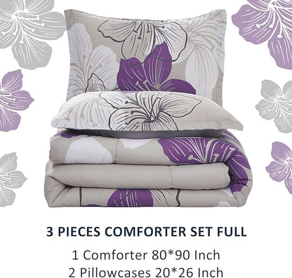 Menghomeus Floral Comforter Set Full Purple Flower Pattern Printed on Grey, Soft Microfiber Bedding Set Lightweight Boho Bed Set for All Season, 3 Piece