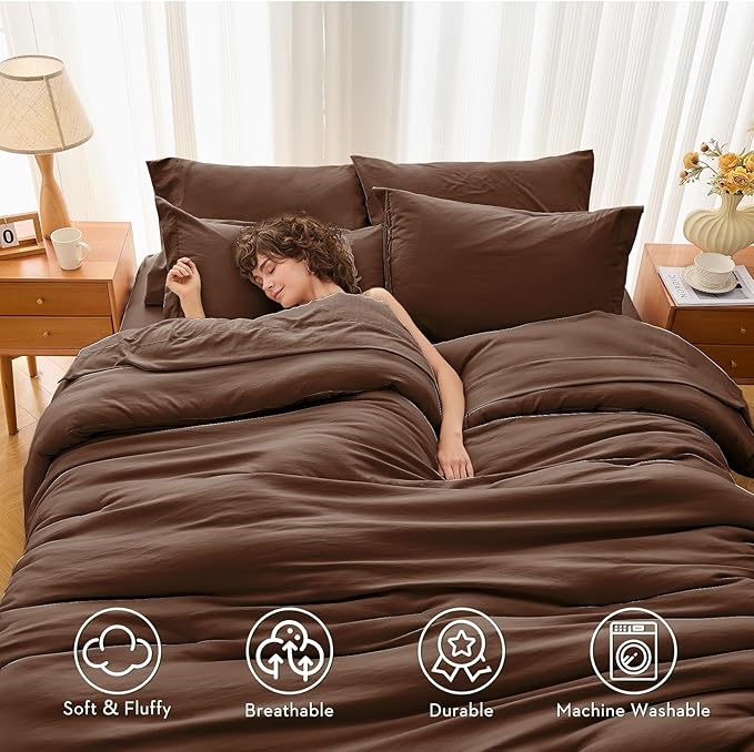 MUXHOMO 7 Pieces California King Comforter Set, Soft Bed in a Bag Cal King Size, All Season Bedding Set with Comforter, Flat Sheet, Fitted Sheet, Pillowcases & Shams, Brown