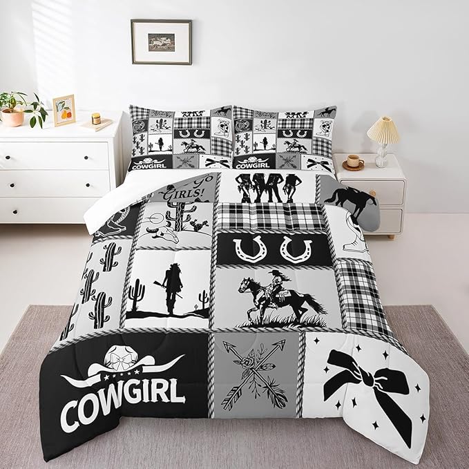 Western Cowgirl Girly Comforter Set King Size,Cactus Horseshoes Cow Skull Boot Rustic Bedding Set,Girls Women Room Decor,Bow Arrow Plaids Patchwork Down Comforter,Black Duvet Insert,2 Pillowcases