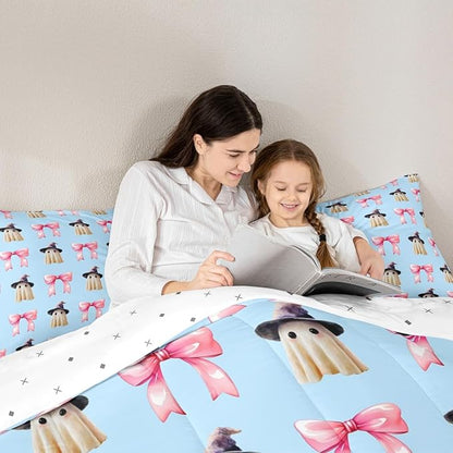 Erosebridal Halloween Ghost Bedding Set King, Ghost with Wizard Hat Pink Bow Comforter Set, Cute Blue Spooky Comforter for Kid Boys Girls Teens Women Kawaii Room Decor, Halloween Decorations Quilt