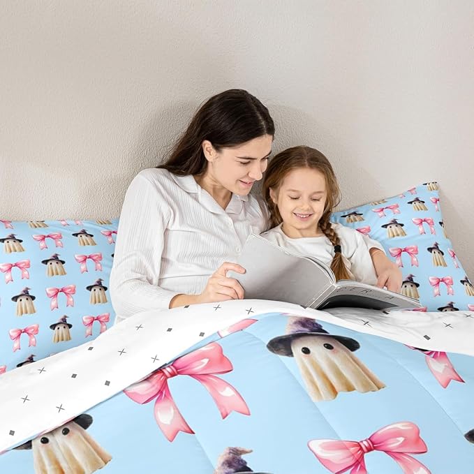 Erosebridal Halloween Ghost Bedding Set Full, Ghost with Wizard Hat Pink Bow Comforter Set, Cute Blue Spooky Comforter for Kid Boys Girls Teens Women Kawaii Room Decor, Halloween Decorations Quilt