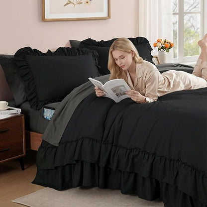 Queen Comforter Set Black, Ruffle Shabby Chic Bedding Set Farmhouse 7 Pieces, All Season Fluffy Bed in a Bag with Sheets, Pillowcases & Shams
