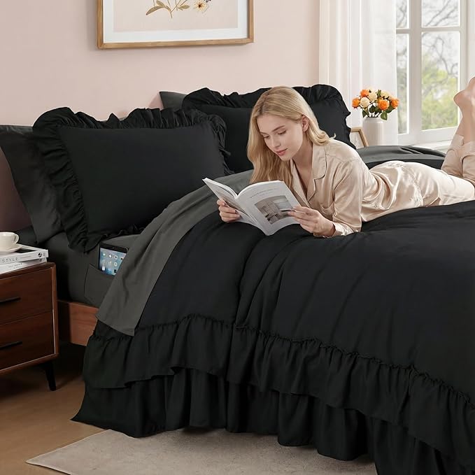 Full Comforter Set Black, Ruffle Shabby Chic Bedding Set Farmhouse 7 Pieces, All Season Fluffy Bed in a Bag with Sheets, Pillowcases & Shams