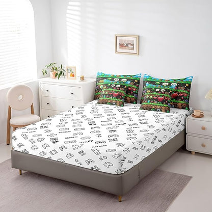 Video Games 7Pcs Comforter Set Queen Size,Colorful Pixelated Themed Bedding Set for Kids Boys Teens Men Room Decor,Sandbox Block Fitted Flat Sheet Funny Gamer Reversible 2 Throw Pillow,2 Pillowcases