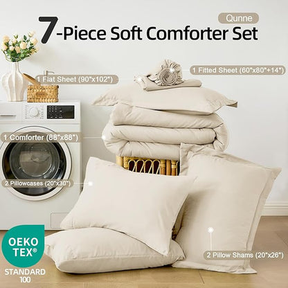 FUANNA Queen Comforter Set Cream White, 7 Pieces Soft Bedding Sets Queen Size, All Season Lightweight Bed in a Bag with Comforter, Flat Sheet, Fitted Sheet, Pillowcases & Shams