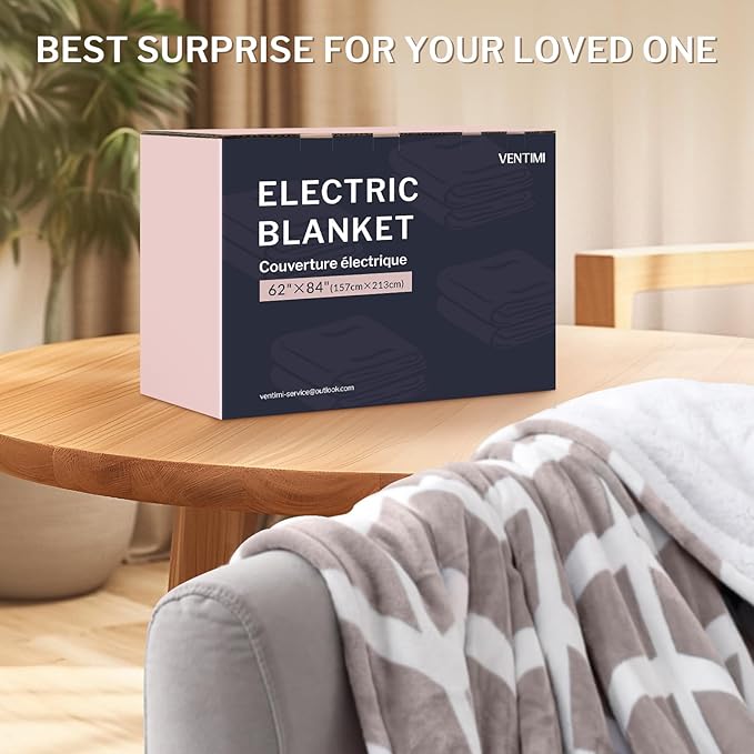 VENTIMI Electric Blanket Heated Throw, 62" x 84" Heated Blanket with 9 Heat Levels & 2 to 10 Hours Auto Off, Fast Heating Blankets with ETL & FCC Certification, Beige