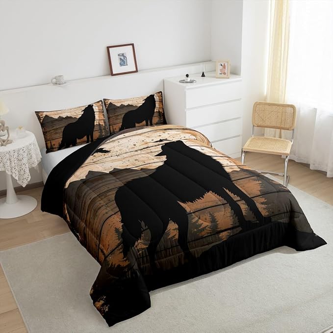 Feelyou Wolf Print Comforter Set Queen for Girls Women Teens Adult, Kids Boys Wildlife Hunting Theme Bedding Set, Western Farmhouse Comforter Soft Quilt Set, with 2 Pillowcase 3pcs Bedding