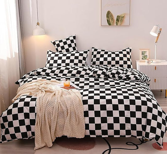 KAREVER Black White Grid Comforter Queen Black Plaid Bedding Set Women Black and White Checkered Bed Comforter Set Breathable Blanket Set Men Durable Bedding Comforter Set