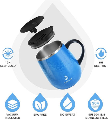 Ideus 16 oz (470 ml) Insulated Coffee Mug with Handle and Lid, Double Wall Stainless Steel Vacuum Thermal Coffee Mug, Travel Coffee Cup Thermal Cup for Home and Office (Leopard Blue)
