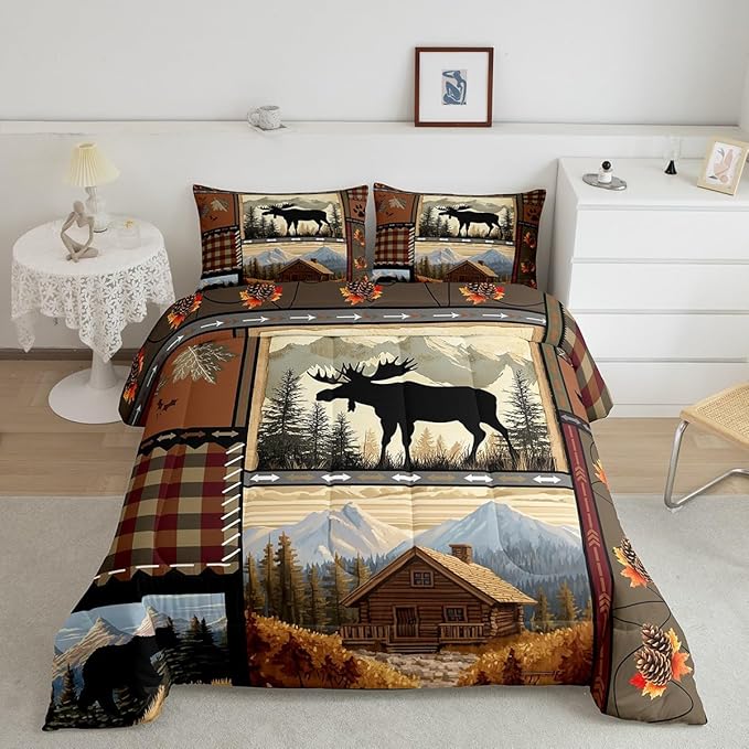 Feelyou Hunting Bear Deer Comforter Full Size Wild Animal Comforter Set for Boys Girls Children Rustic Cabin Country Bedding Set Room Decor Bear Western Farmhouse Duvet Set 3Pcs