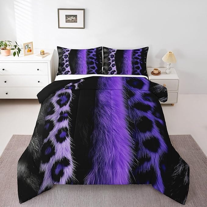 jejeloiu 3D Purple Leopard Bedding Set Full Size Adult Leopard Comforter Set for Boys Girls Animal Print Duvet Set Wild Animal Fur Quilt Set 3Pcs