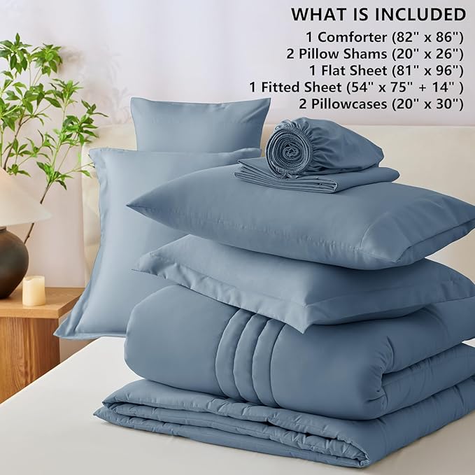 CozyLux Full Comforter Set - 7 Pieces Bed in a Bag Grayish Blue Comforter Set with Sheets Luxury Bed Set All Seasons, Soft Bedding Set with Down Alternative Comforter, Sheets, Pillowcases & Shams