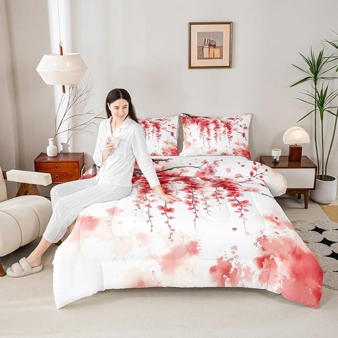 Manfei Cherry Blossom Comforter Set King Size, Watercolor Flower Branches Bedding Set 3pcs, Japanese Style Pink Red Floral Down Comforter, Kids Girls Women Room Decor, 2 Pillowcases, No Sheets
