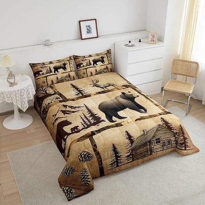 Feelyou Lodge Cabin Comforter Set Toddler Size Gray Bear Pine Tree Silhouette Pattern Quilted Duvet with 1 Pillowcases+1 Wild Animal Western Jungle Style Bedding for Teens Adults 2 Pcs