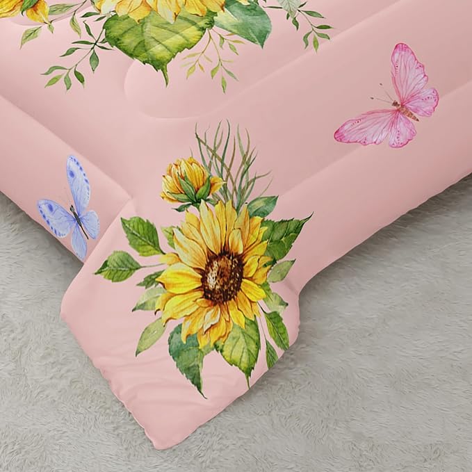 Sunflower Pink Comforter Set Full Size for Women Adults,3 Piece Butterfly Floral Bedding Set,Microfiber Quilts with 2 Shams Soft Lightweight Quilt Room Decor,Pink