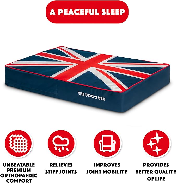 The Dog’s Bed Orthopedic Memory Foam Dog Bed Mattress, Oxford Fabric, Blue & Red Trim UK Center Flag, L, 6-Inch