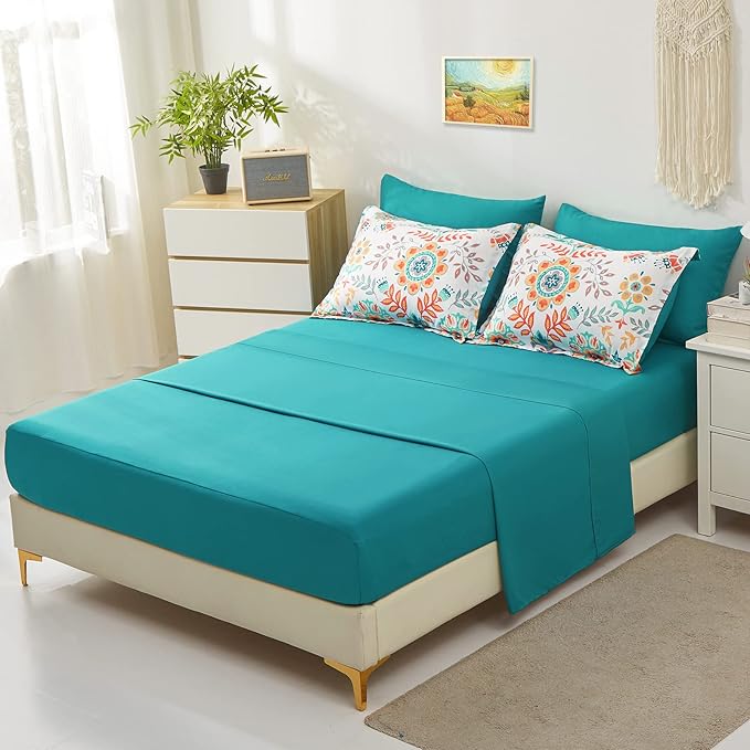 Boho Comforter Set King - 7 Pieces Bed in a Bag Floral Medallions Design, Bohemian Comforter Set with Sheets, Soft Microfiber Complete Bedding Sets All Season (Teal Blue, King)