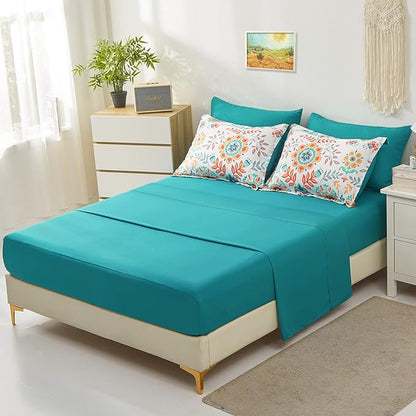 Boho Comforter Set King - 7 Pieces Bed in a Bag Floral Medallions Design, Bohemian Comforter Set with Sheets, Soft Microfiber Complete Bedding Sets All Season (Teal Blue, King)