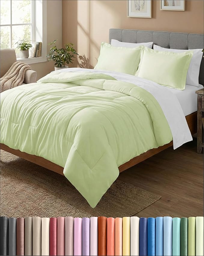 Queen Comforter Set - 3 Piece Bed Set for All Seasons - 1 Soft Quilted Comforter w/ Corner Tabs & 2 Pillow Shams - Comfy, Cozy & Breathable - Premium Down Duvet Insert - Queen Size, Light Sage Green
