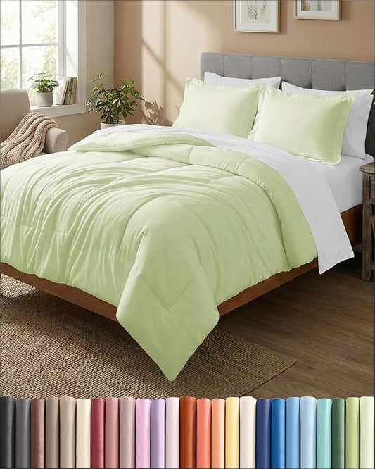 Full Comforter Set - 3 Piece Bed Set for All Seasons - 1 Soft Quilted Comforter with Corner Tabs & 2 Pillow Shams - Comfy, Cozy & Breathable - Premium Down Duvet Insert - Full Size, Light Sage Green