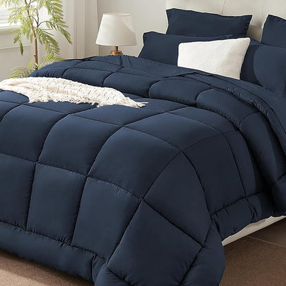 SunStyle Home Navy Blue King Size Comforter Set - 7 Pieces Bed in a Bag, Lightweight Goose Down Alternative Bedding Sets with All Season Comforter, 1 Flat Sheet, 1 Fitted Sheet, 4 Pillowcases