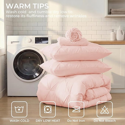 Sasttie Twin XL Comforter Set, 5-Piece Bed in a Bag, Pintuck Bedding Sets for All Season, Includes Comforter, Flat Sheet, Fitted Sheet, Pillowcase and Pillowsham, Blush Pink