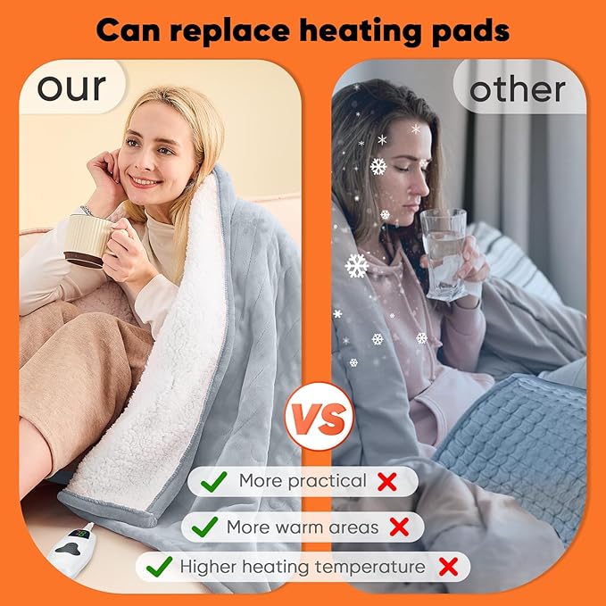 greenoak Heated Blanket Electric Throw 50"X60", Heating Blanket with 10 Heat Levels 8 Hours Auto-Off,Fleece Soft Blanket, Birthday Gifts for Grandma Seniors, Dove Grey