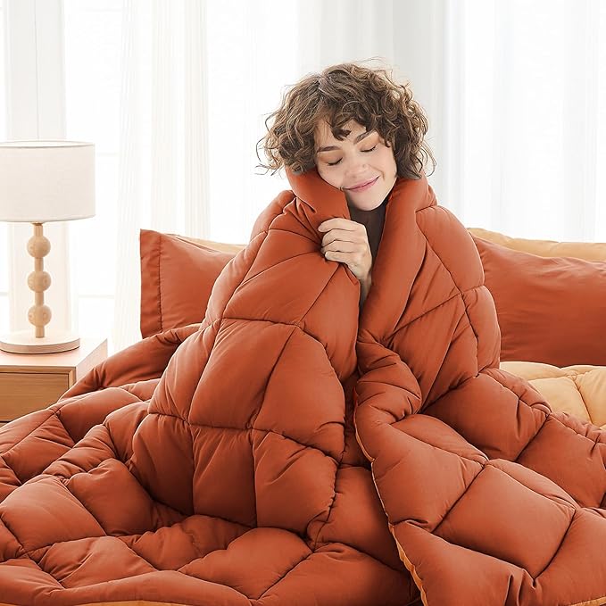 MUXHOMO 7 Pieces Queen Comforter Set, Reversible Bed in a Bag Queen Size, All Season Bedding Set with Comforter, Flat Sheet, Fitted Sheet, Pillowcases & Shams, Burnt Orange & Camel
