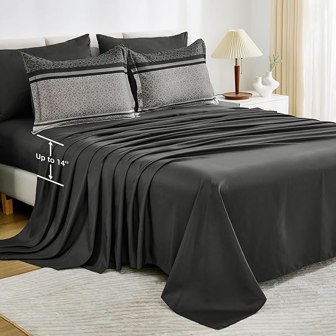 WONGS BEDDING 7 Pieces Comforter Set Queen Size, Dark Grey Black Striped Bed in a Bag Comforter and Sheet Set, Minimalist Geometric Soft Lightweight Micorfiber Bedding Set for All Season (90"×90")