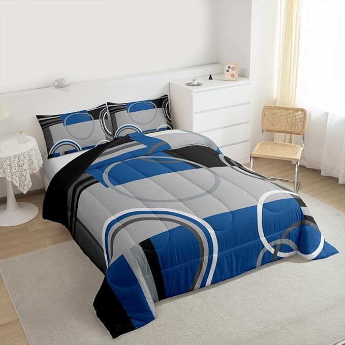 Erosebridal Abstract Circles Comforter Set Twin Modern Blue Black Grey Bedding Checkered Swirls Quilt Set Geometric Striped Duvet Insert Curved Lines Bed Set Modern Creative Quilted Comforter