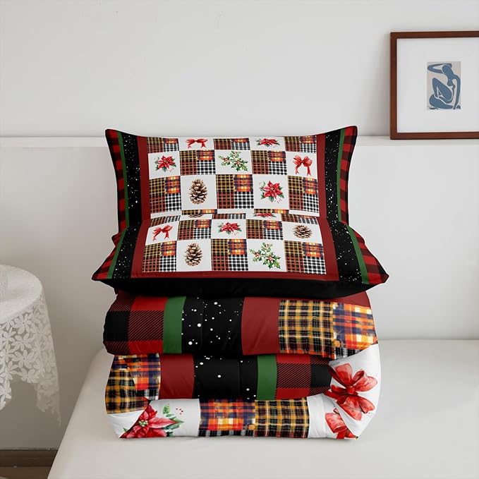 Merry Christmas Comforter Set Full Size,Red Black Checkered Patchwork Bedding Set for Kids Teens Women Men Room Decor,Christmas Tree Pinecone Bowknots Quilt Set Retro Plaid Duvet Insert 3Pcs