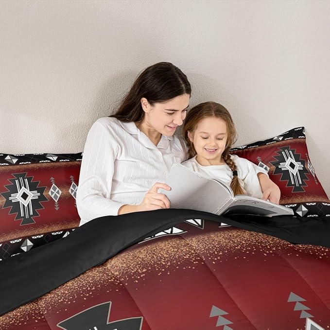 Erosebridal Rustic Western Toddler Bedding Set, Southwestern Aztec Comforter Set for Boys Teens Men Bedroom, Exotic American Native Quilt Vintage Bohemian Geometric Bedding Comforter Sets, Red Black