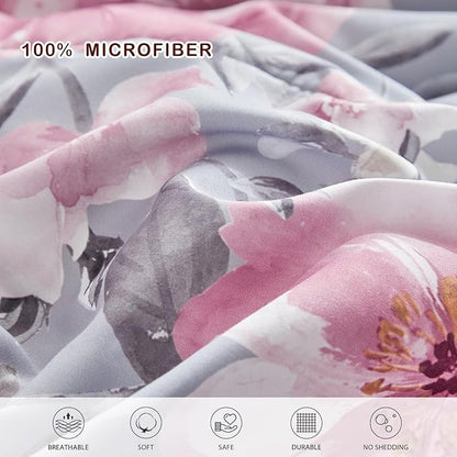 Joyreap 3pcs Floral Comforter Set Full/Queen, Tie-dye Pink Flowers on Gray Design, Microfiber Lightweight Bedding Comforter Set for All Season- 88x88 inches